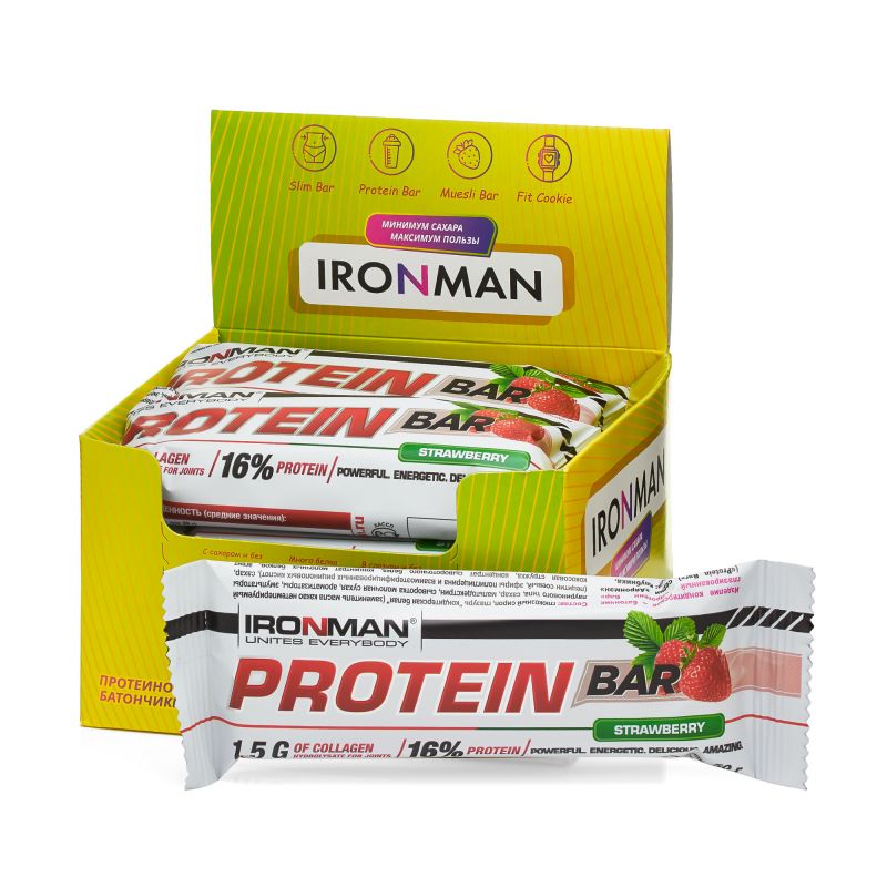 IRONMAN Protein Bar с коллагеном, шоу-бокс 12x50г, 7 вкусов