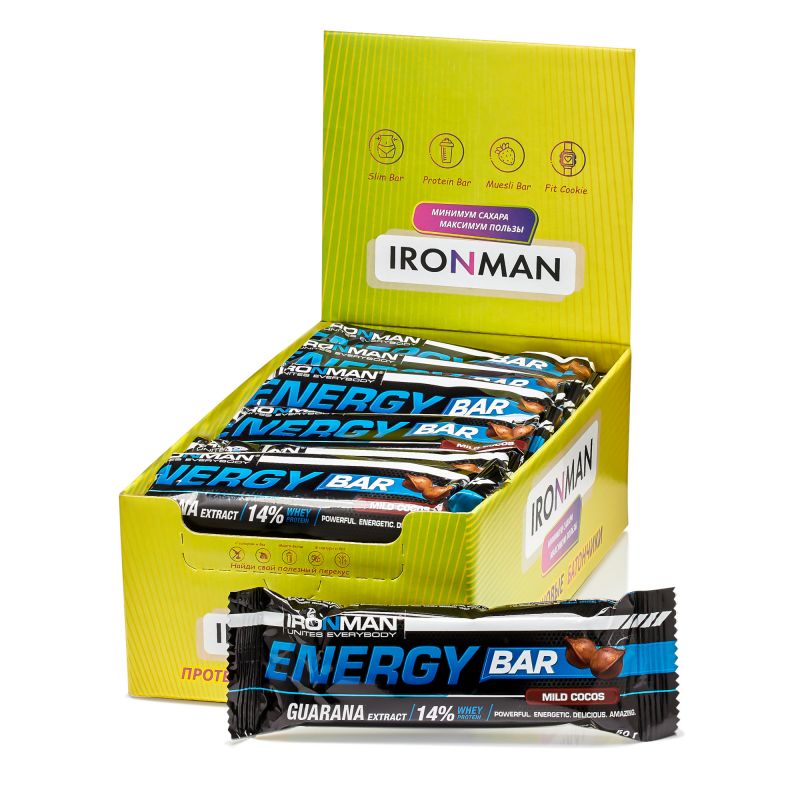 IRONMAN Energy Bar с гуараной, шоу-бокс 24x50г, 2 вкуса
