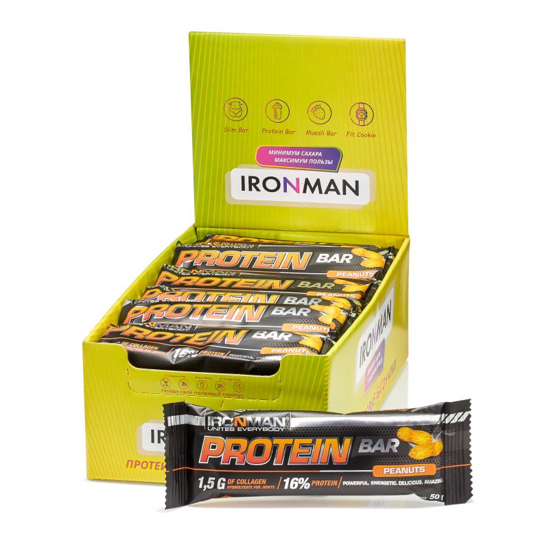 IRONMAN Protein Bar с коллагеном, шоу-бокс 24x50г, 7 вкусов
