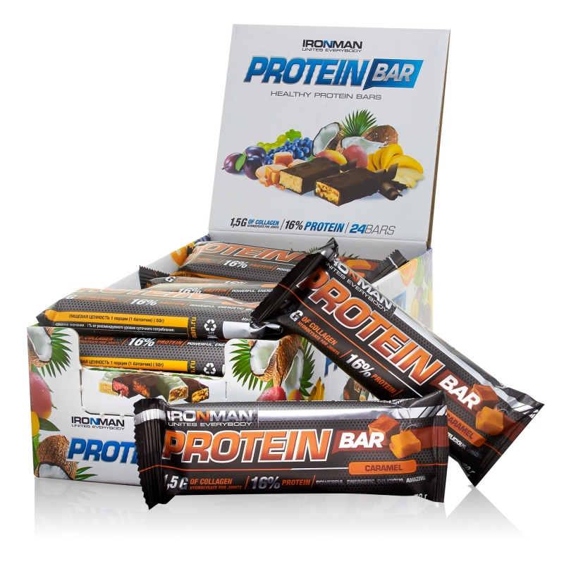 IRONMAN Protein Bar с коллагеном, шоу-бокс 24x50г, 7 вкусов