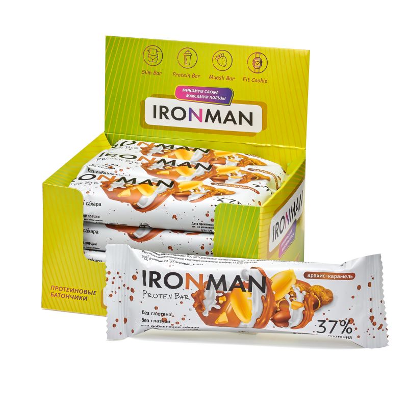 IRONMAN 37 Protein bar, без глазури, шоу-бокс 12x50г, арахис-карамель
