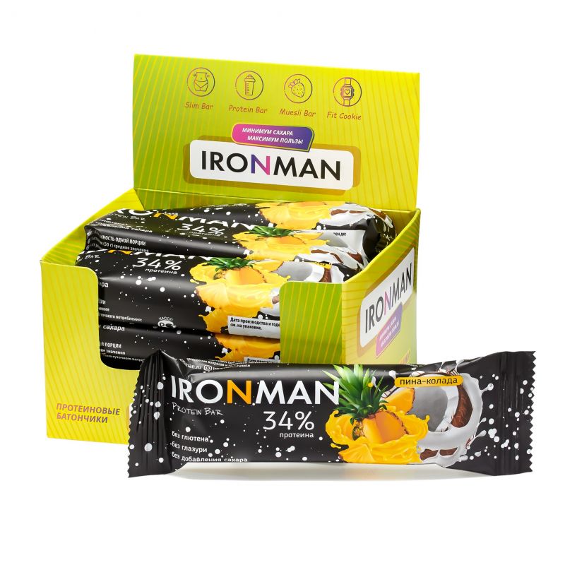 IRONMAN 34 Protein bar, без глазури, шоу-бокс 12х50г, пина-колада