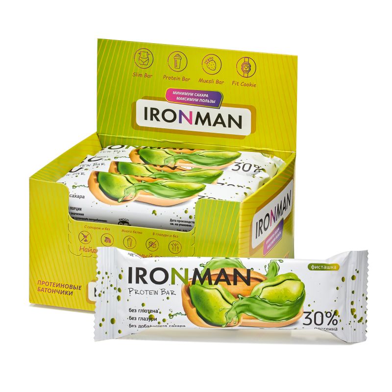 IRONMAN 30 Protein bar, без глазури, шоу-бокс 12x50г, фисташка