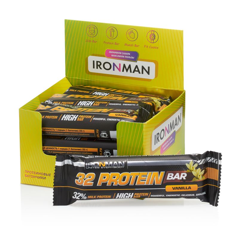 IRONMAN 32 Protein bar, шоу-бокс 12x50г, 3 вкуса