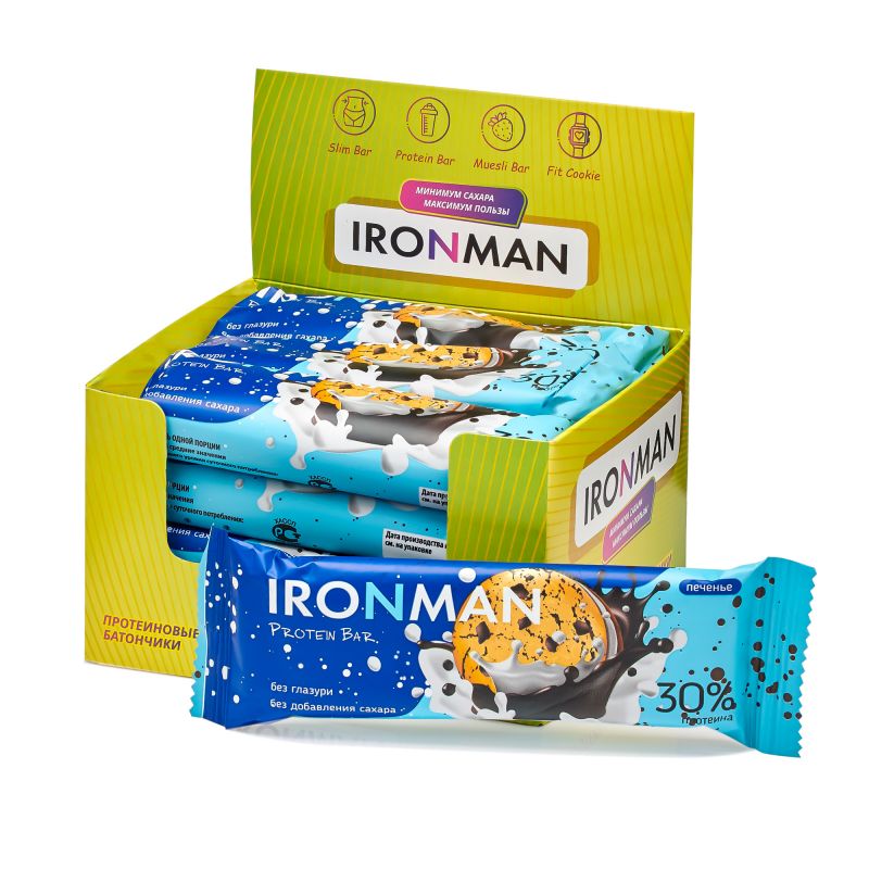 IRONMAN 30 Protein bar, без глазури, шоу-бокс 12x50г, печенье