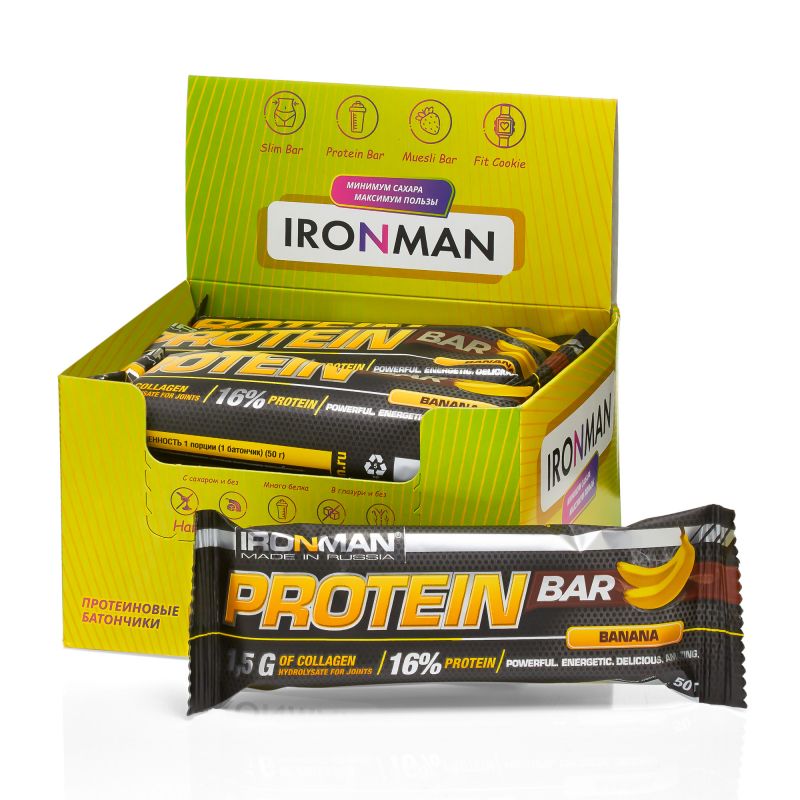 IRONMAN Protein Bar с коллагеном, шоу-бокс 12x50г, 7 вкусов