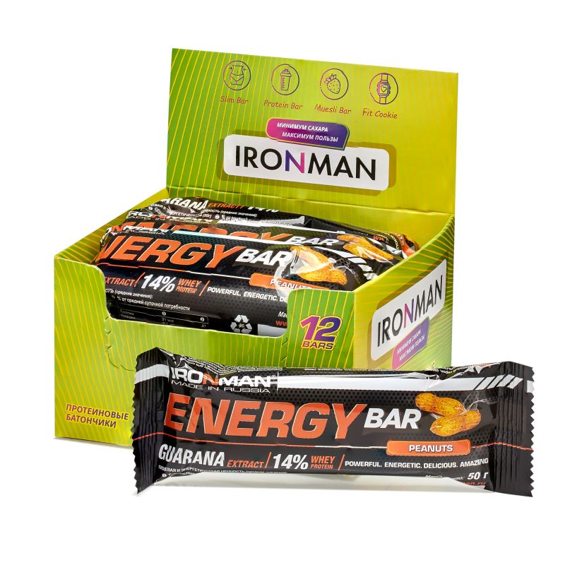 IRONMAN Energy Bar с гуараной, шоу-бокс 12x50г, 2 вкуса 